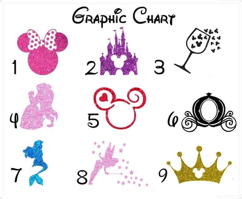 Puede incluir: Un gr&aacute;fico con nueve im&aacute;genes diferentes de personajes de Disney. Las im&aacute;genes est&aacute;n numeradas del 1 al 9. Los personajes incluyen Mickey Mouse, Minnie Mouse, Cenicienta, Bella, Ariel, Campanilla y una corona de princesa.