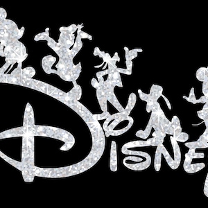 May include: A silver glitter design of the Disney logo with Mickey Mouse, Donald Duck, Goofy, Pluto, and Minnie Mouse silhouettes.