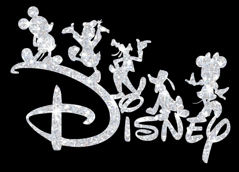 May include: A silver glitter design of the Disney logo with Mickey Mouse, Donald Duck, Goofy, Pluto, and Minnie Mouse silhouettes.