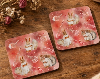 Red Squirrel Winter Woodland Wooden Coaster Set