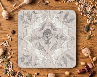 Woodland Hare & Thistle Grey Wooden Coaster