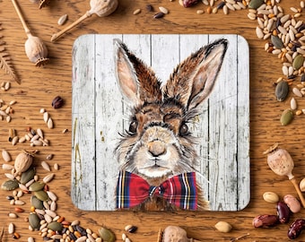 Winter Tartan Hare Wooden Coaster