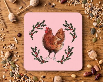 Pink Chicken Wooden Coaster Set