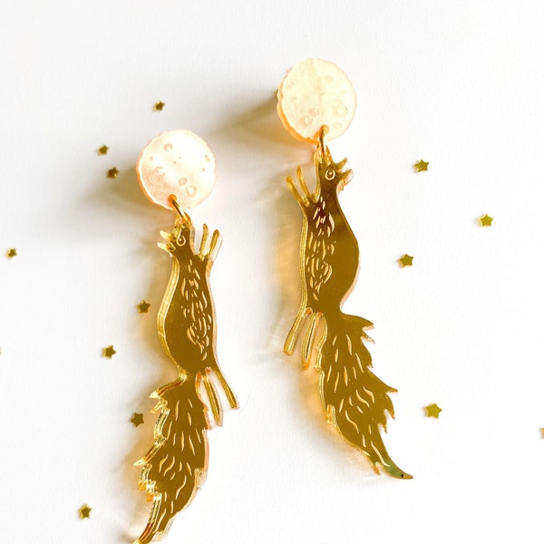 Gold Fox and Moon Earrings