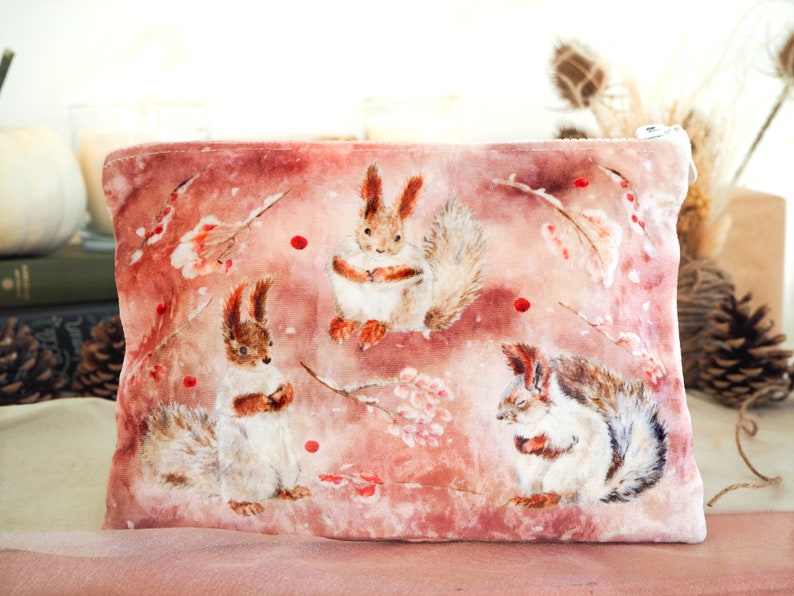 Red Squirrel Woodland Velvet Make Up Bag image 2