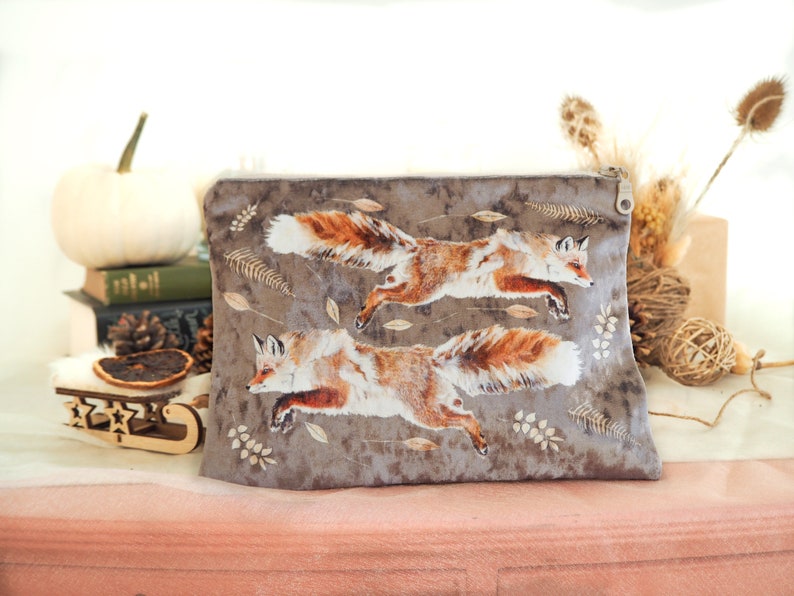 Fox Autumn Leaves Velvet Personalised Makeup Bag image 3