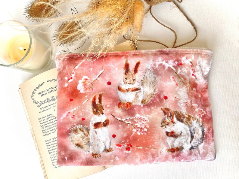 Red Squirrel Woodland Velvet Make Up Bag image 1