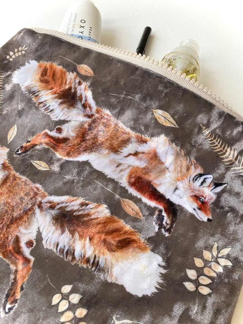 Fox Autumn Leaves Velvet Personalised Makeup Bag image 6