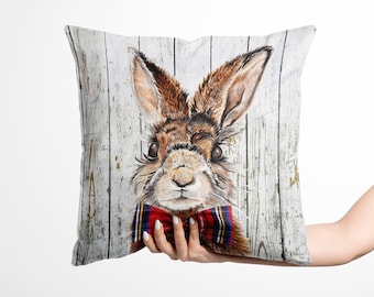 Winter Woodland Hare Wood Effect Velvet Cushion Cover