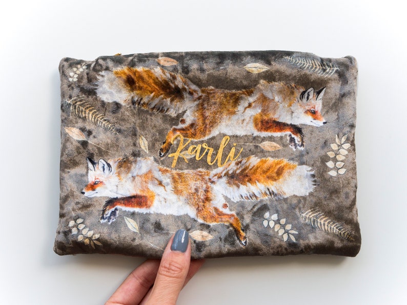 Fox Autumn Leaves Velvet Personalised Makeup Bag image 1