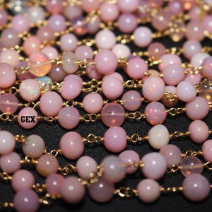 Pink Ethiopian Opal smooth Round Black And Gold Wire Wrapped Beaded Chain 5 TO 6 mm, Ethiopian Opal Wire Rosary Chain , 66AA99