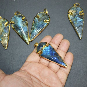 Natural Labradorite BIG Arrowhead Pendant Charm with 24 kt Gold Electroplated Edge-60 mm approx,, Whole Sale Price image 5