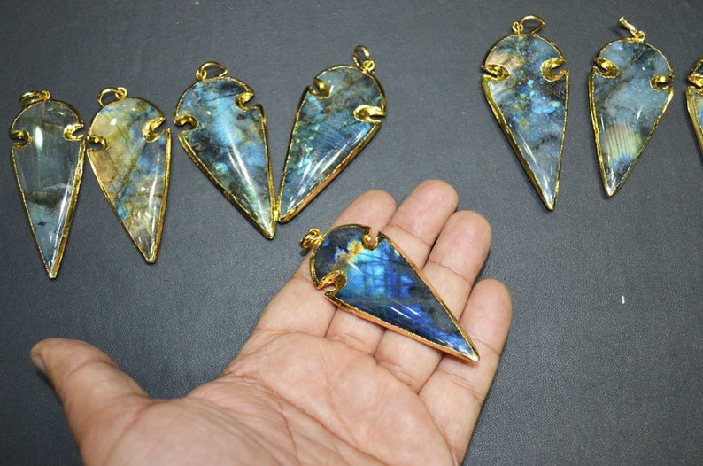 Natural Labradorite BIG Arrowhead Pendant Charm with 24 kt Gold Electroplated Edge-60 mm approx,, Whole Sale Price image 5