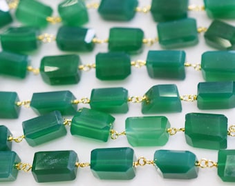 Natural Green Onyx Wire Wrapped Beaded and Laser cut nuggets Chain 12-15 mm, Green Onyx tumble Wire Wrapped Rosary chain -51AA59