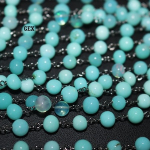 Aqua Ethiopian Opal smooth Round Black And Gold Wire Wrapped Beaded Chain 5 TO 6 mm, Ethiopian Opal Wire Rosary Chain , 67AA04