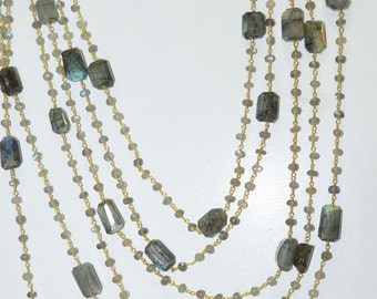 Natural Labradorite  Beaded and Laser cut nuggets Chain 3.5-4 mm, Labradorite Wire Wrapped Rosary Chain -53AA13