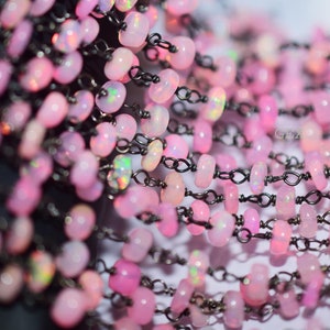 Unique PINK Ethiopian Opal Black And Gold Wire Wrapped Beaded Chain 4-4.50mm, Ethiopian Opal Black & gold Wire Wrapped Rosary Chain , 63AA64