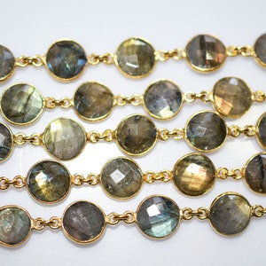 1 Foot Wholesale Blue Flashy Labradorite Round shape Connector Chain-Natural Labradorite Bezel Chain Coin 10 mm size 51AA04 image 3