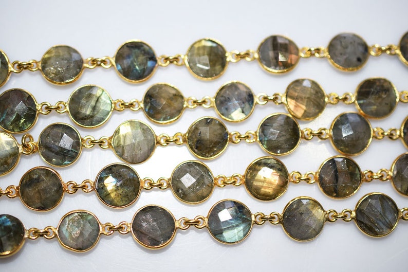 1 Foot Wholesale Blue Flashy Labradorite Round shape Connector Chain-Natural Labradorite Bezel Chain Coin 10 mm size 51AA04 image 3