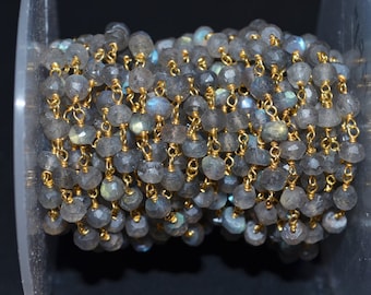 1 FOOT Faceted Natural Labradorite Wire Wrapped Beaded Chain 3.5-4 mm, Labradorite Wire Wrapped Rosary Chain -Sold in wholesale , 52AA01