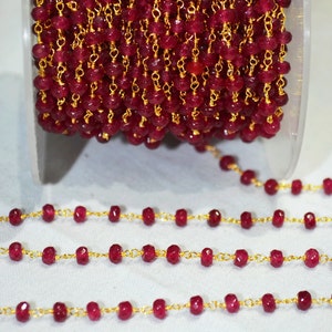 Natural Ruby Jade Quartz stone Wire Wrapped Beaded Chain 3.5-4 mm, Ruby Jade Quartz Golden Wire Wrapped Rosary Chain - wholesale 51AA15