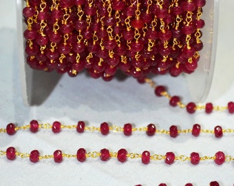 Natural Ruby Jade Quartz stone Wire Wrapped Beaded Chain 3.5-4 mm, Ruby Jade Quartz Golden Wire Wrapped Rosary Chain - wholesale 51AA15
