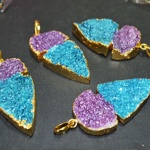 Amazing Sky Blue and Purple Arrowhead Druzy Pendant with Electroplated 24k Gold Edges, Arrowhead watermelon Druzy Arrowhead 45 mm,A- 1510