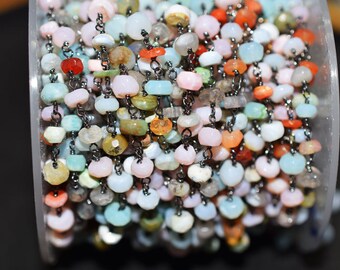 Beautiful 1 Foot Natural Peruvian multi Opal faceted Rosary Style Beaded Chain -Peru Multi Opal Beads wire wrapped chain - 50AA04A
