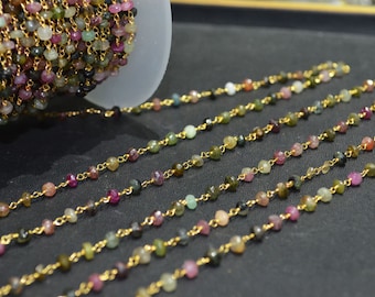 Natural Watermelon Tourmaline Wire Wrapped Beaded Chain 3.50-4 mm, Tourmaline Wire Wrapped Rosary Chain - sold in wholesale , 50AA66