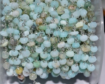 10 Foot Natural Peru Blue Opal faceted Rosary Style Beaded Chain -Peru Blue Opal Beads in Silver Plated wire wrapped chain , R4