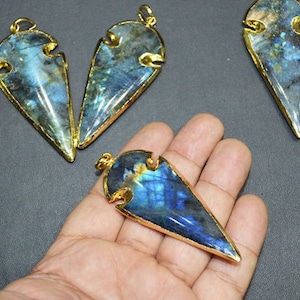 Natural Labradorite BIG Arrowhead Pendant Charm with 24 kt Gold Electroplated Edge-60 mm approx,, Whole Sale Price image 3