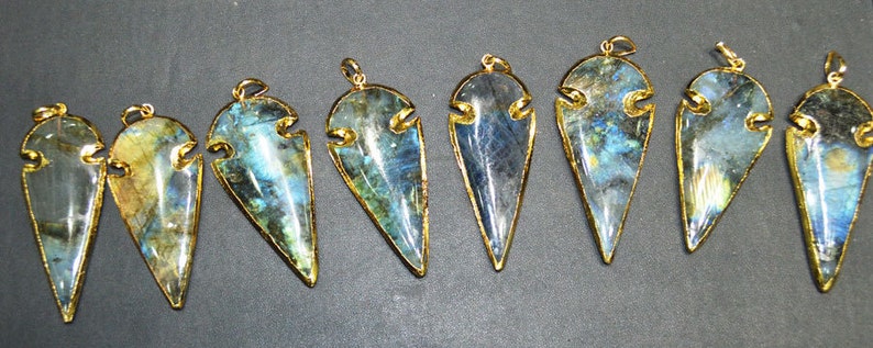 Natural Labradorite BIG Arrowhead Pendant Charm with 24 kt Gold Electroplated Edge-60 mm approx,, Whole Sale Price image 2