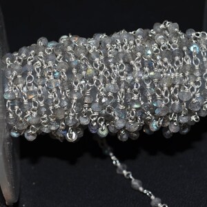 May include: A silver chain with faceted labradorite beads. The chain is wound around a spool.