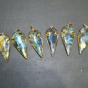 Natural Labradorite BIG Arrowhead Pendant Charm with 24 kt Gold Electroplated Edge-60 mm approx,, Whole Sale Price image 4