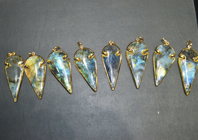 Natural Labradorite BIG Arrowhead Pendant Charm with 24 kt Gold Electroplated Edge-60 mm approx,, Whole Sale Price image 4