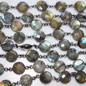 1 Foot Wholesale Blue Flashy Labradorite Round shape Connector Chain-Natural Labradorite Bezel Chain Coin 10 mm size 51AA04 image 4