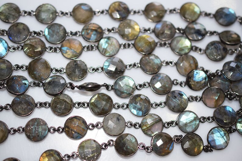 1 Foot Wholesale Blue Flashy Labradorite Round shape Connector Chain-Natural Labradorite Bezel Chain Coin 10 mm size 51AA04 image 4