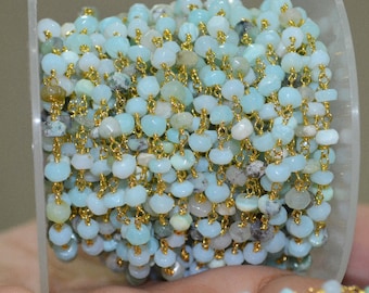 BIG SALE 1 Foot Natural Peru Blue Opal faceted Rosary Style Beaded Chain -Peru Blue Opal Beads wire wrapped chain - 50AA04