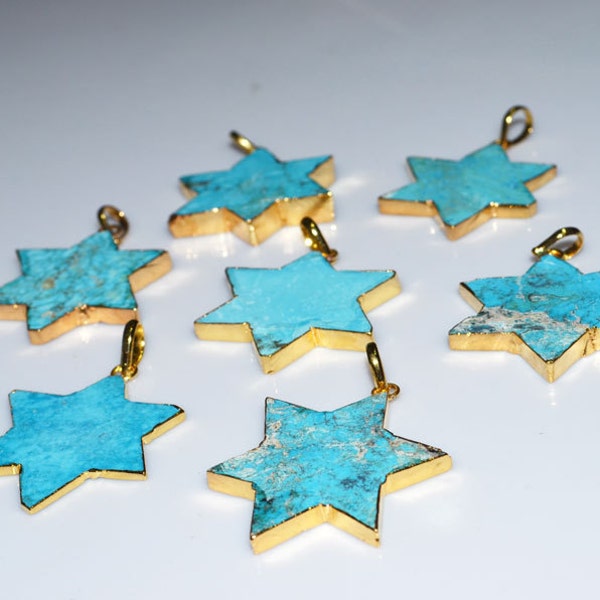 Turquoise Magnesite Slice STAR of DAVID Pendant Charm with 24 kt Gold Electroplated Edge-30 mm approx,, Whole Sale Price AH83AA4