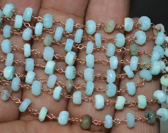 10 Foot Natural Peru Blue Opal faceted Rosary Style Beaded Chain -Peru Blue Opal Beads in Rose Pink Plated wire wrapped chain - 54AA97