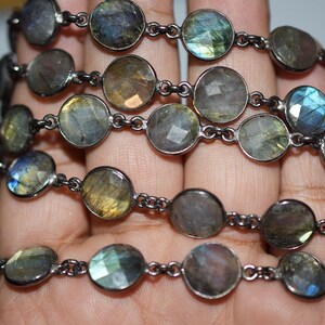 1 Foot Wholesale Blue Flashy Labradorite Round shape Connector Chain-Natural Labradorite Bezel Chain Coin 10 mm size 51AA04 image 5