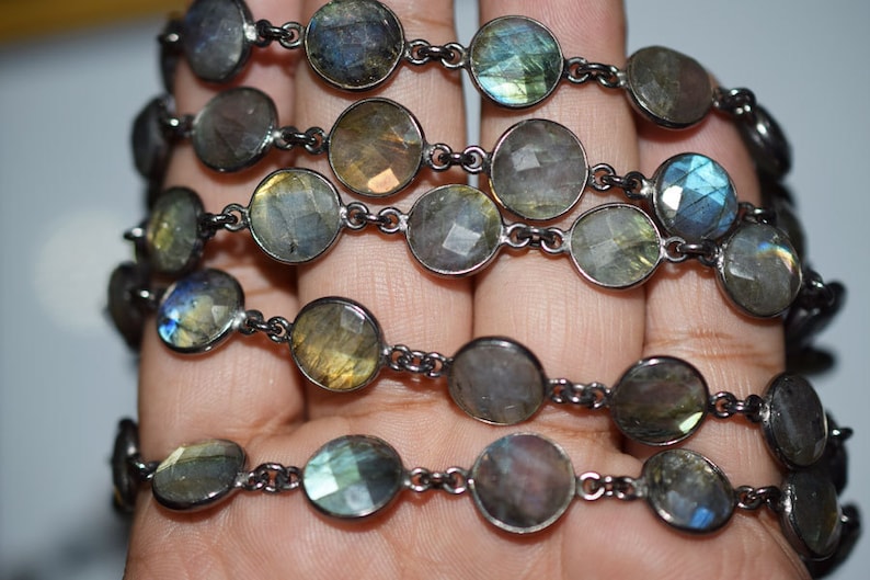 1 Foot Wholesale Blue Flashy Labradorite Round shape Connector Chain-Natural Labradorite Bezel Chain Coin 10 mm size 51AA04 image 5