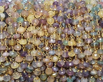 Fluorite Gold Wire Plated Rosary Beaded Chain , Fluorite Rondelle Faceted Chain, Chain Per Foot 4 - 5 mm -Unqiue Chain 50AA18