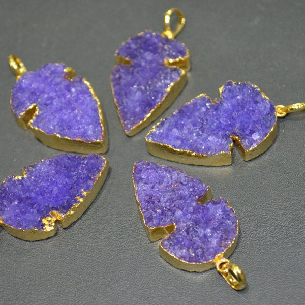 Amazing Purple Arrowhead Druzy Pendant with Electroplated 24k Gold Edges, Arrowhead Purple Druzy Arrowhead 30-40 mm