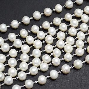Natural fresh Water Pearl Wire Wrapped Beaded Chain 9-9.5 mm, Pearl Wire Wrapped Rosary Chain - sold in wholesale , 50AA68
