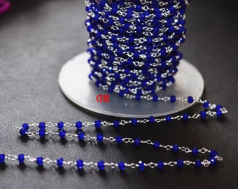 BIG SALE 1 Foot Dark BLUE Chalcedony quartz Rosary Style Beaded Chain -Dark Blue Chalcedony Beads wire wrapped chain 52AA47