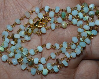 Natural Peruvian Blue Opal faceted Rosary Style Beaded Chain necklace-Peru Blue Opal Beads wire wrapped chain - 50AA04