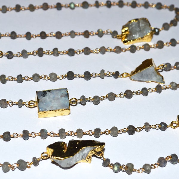 Unique Labradorite and Rainbow moonstone Cnnector Wire Wrapped Beaded Chain 4 mm, Labradorite Gold Rosary Chain - wholesale 56AA16