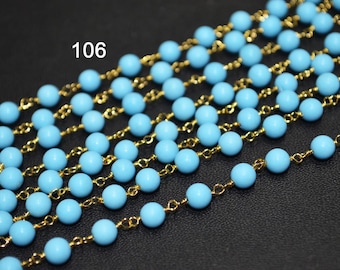 Turquoise Rosary Chain sold by FOOT, Wire Wrapped Beaded Chain, Smooth Round 5-5.5mm Beads Linked, 50AA47