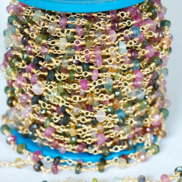 1 foot Super Fine Quality Multi Tourmaline Faceted Rosary Chain , Tourmaline Beads Gold Wire Wrapped Chain , R82, RB59GE59